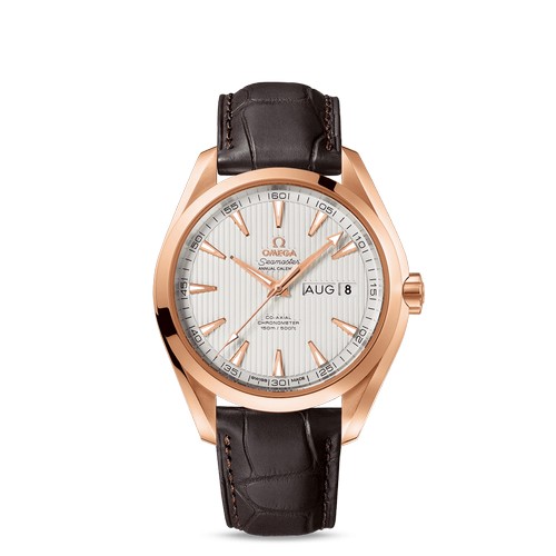 Omega - Seamaster Aqua Terra, Annual Calender, dag/datum, 18krt goud,  heren, lederband, automaat Co-Axial 150m WR caliber 8611 Serienr.85191665