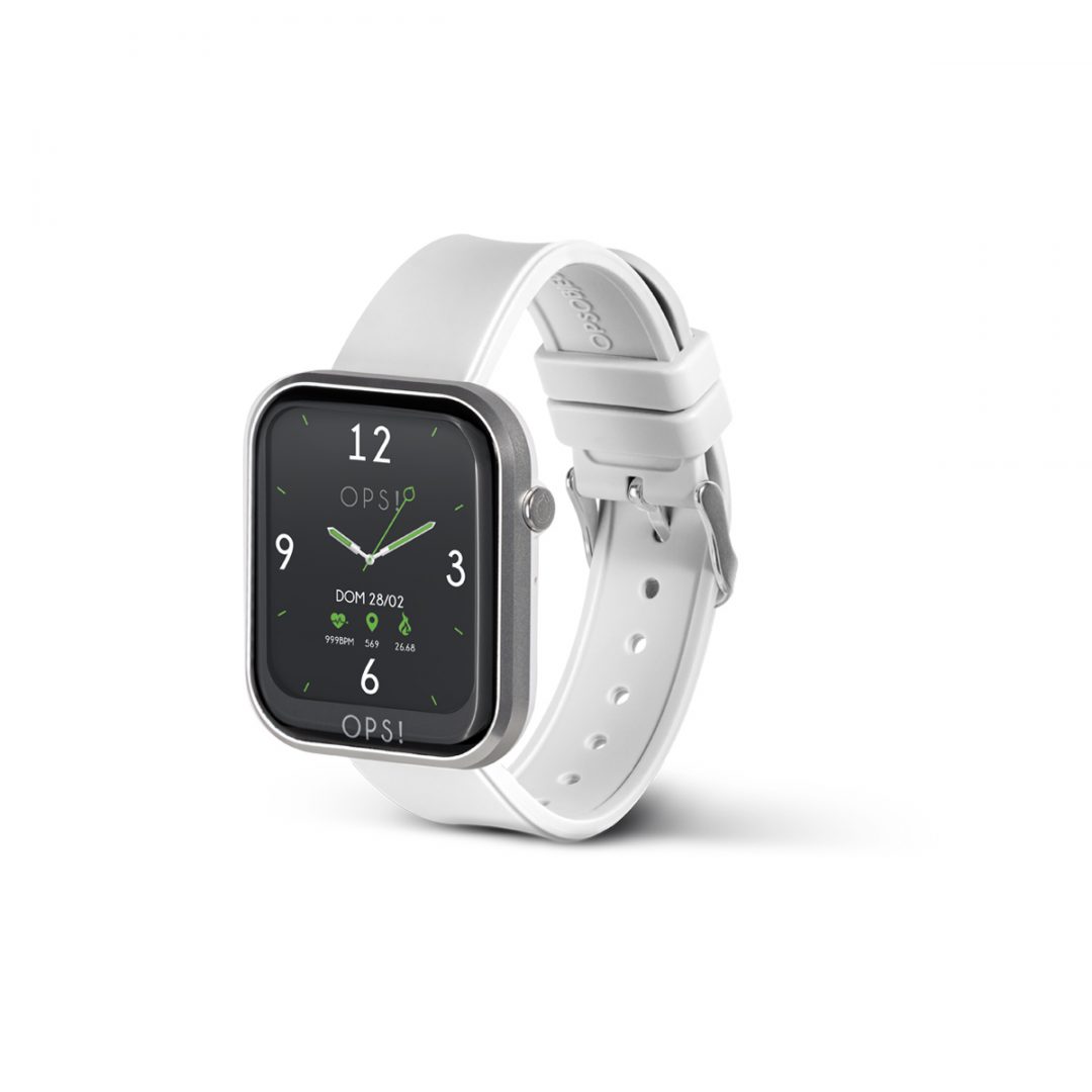 Smartwatch with aluminum and ABS case and silicone strap. Case dimensions 44x37x13 mm with 1.83” color full touch display. Band inner circumference: 180mm to 140mm. Steel buckle clasp.