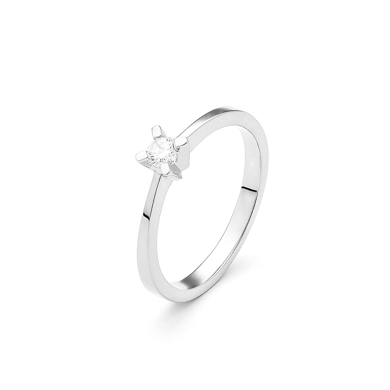 Facet 14kt witgouden solitair ring 4-pootschaton, bezet met briljant geslepen diamant