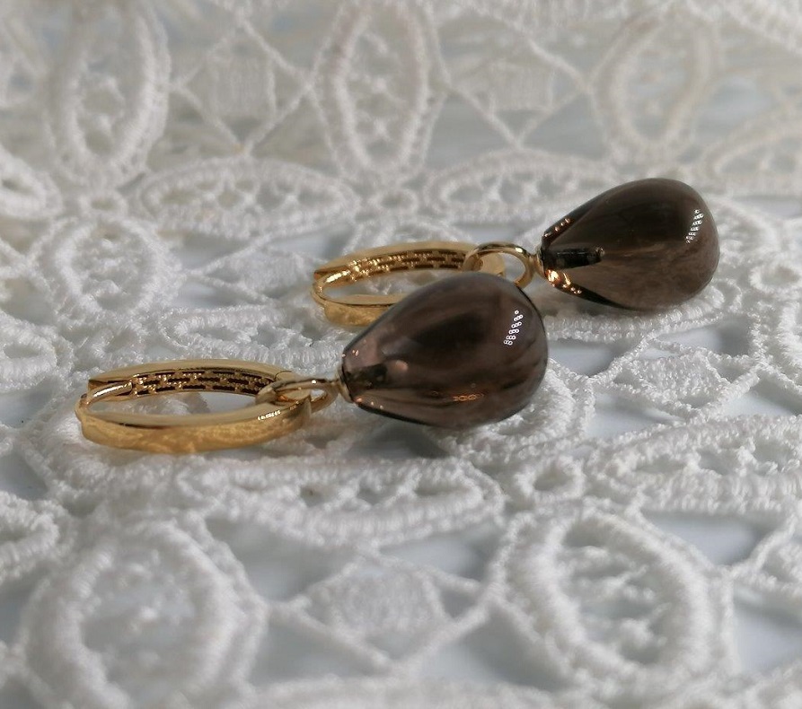 Kobu Parels gouden oorhangers met rookkwarts voor aan creolen (excl. creolen)