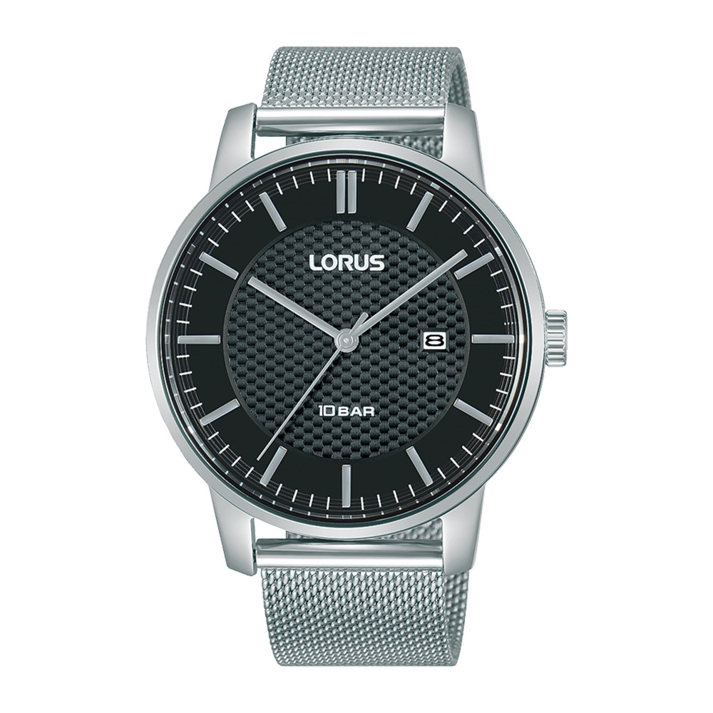 Lorus stalen herenhorloge met zwarte wijzerplaat en milanese band