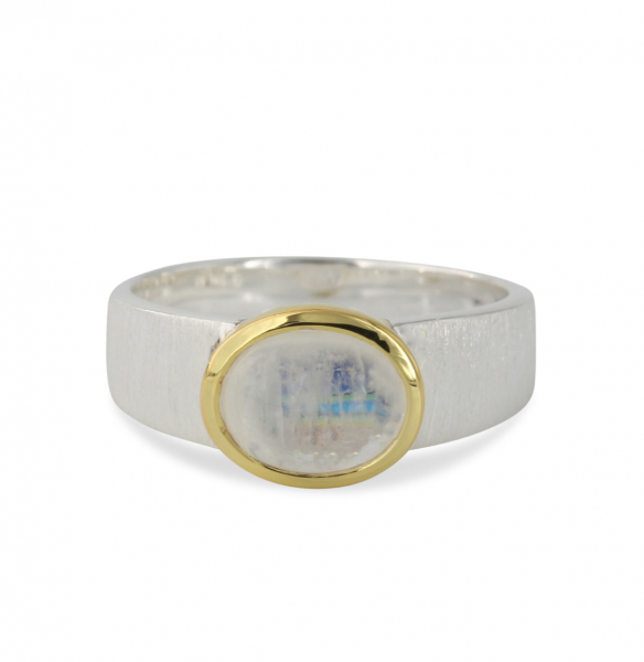 Campur zilveren ring met vergulde zetkast met maansteen