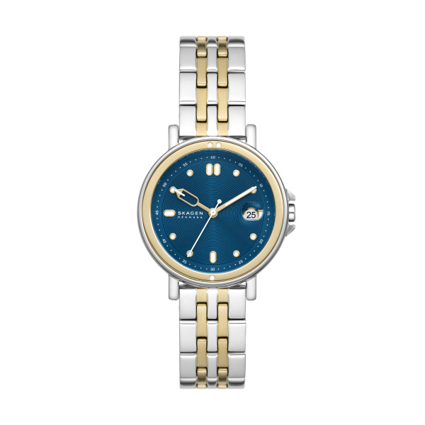 Skagen bicolor dameshorloge met blauwe wijzerplaat en datumweergave