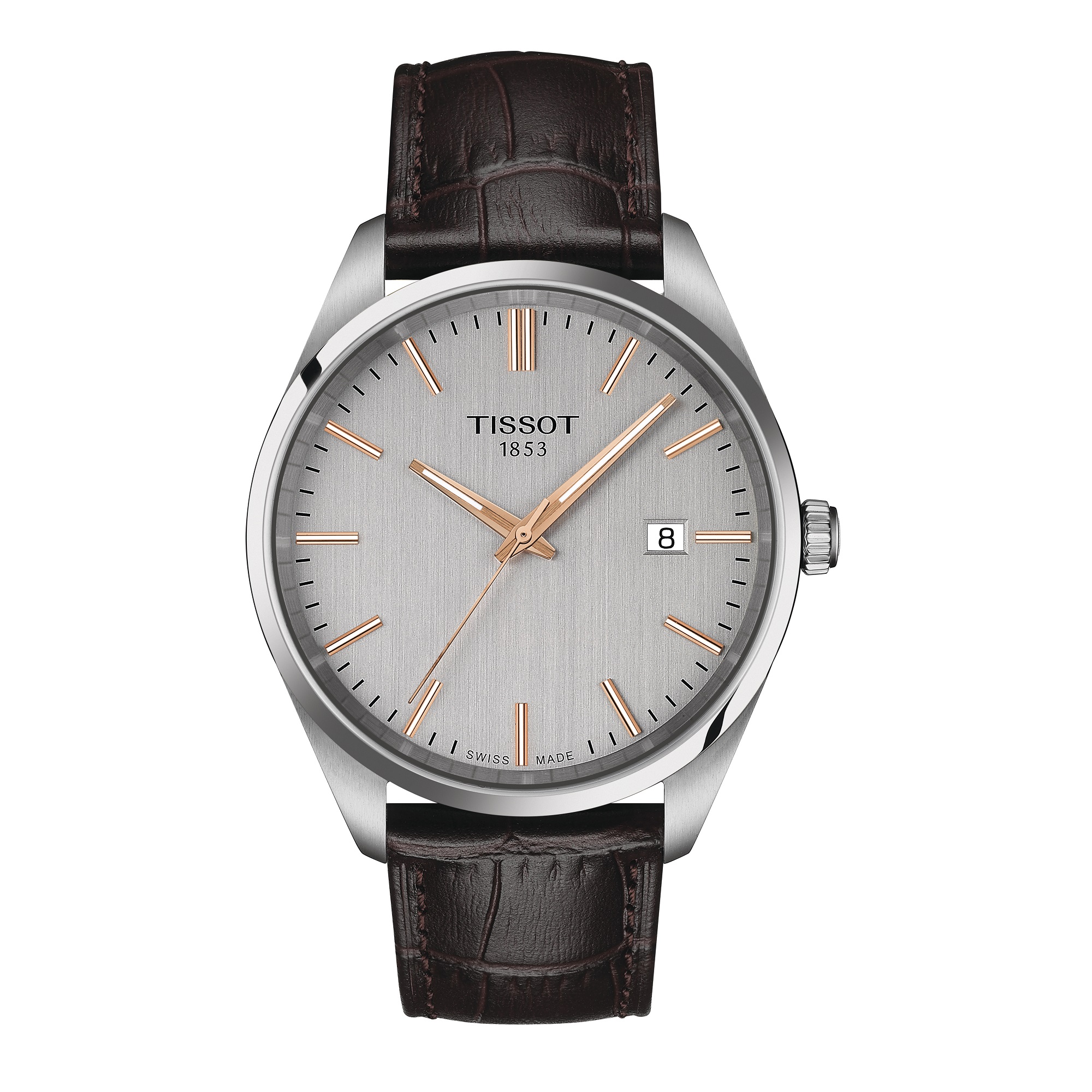 Tissot PR100 - stalen heren polshorloge met lederen band, 100m WR, Saffierglas, Quartz