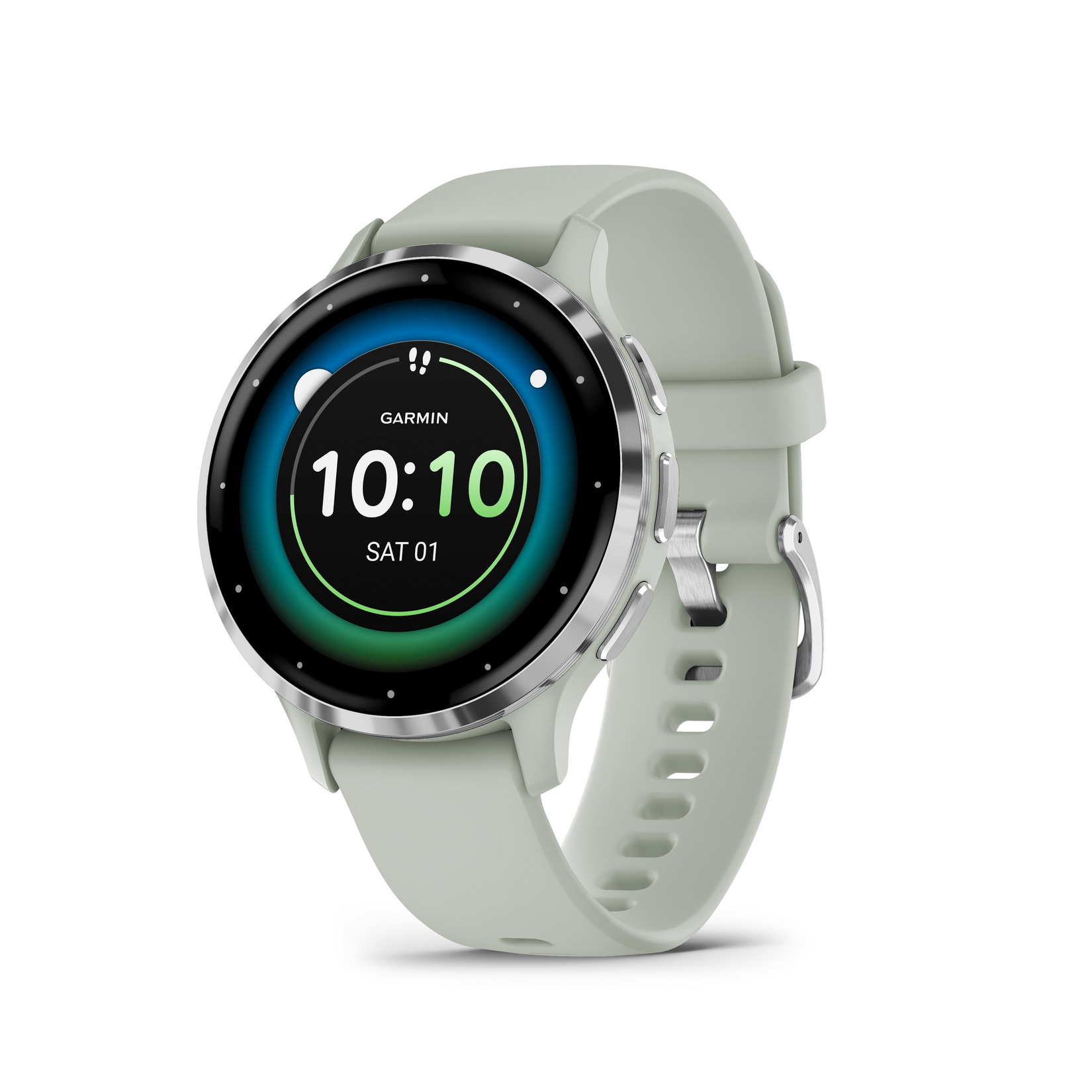 Garmin Venu 3s Zilverkleurige rand van roestvrij staal met sage green behuizing en siliconen band