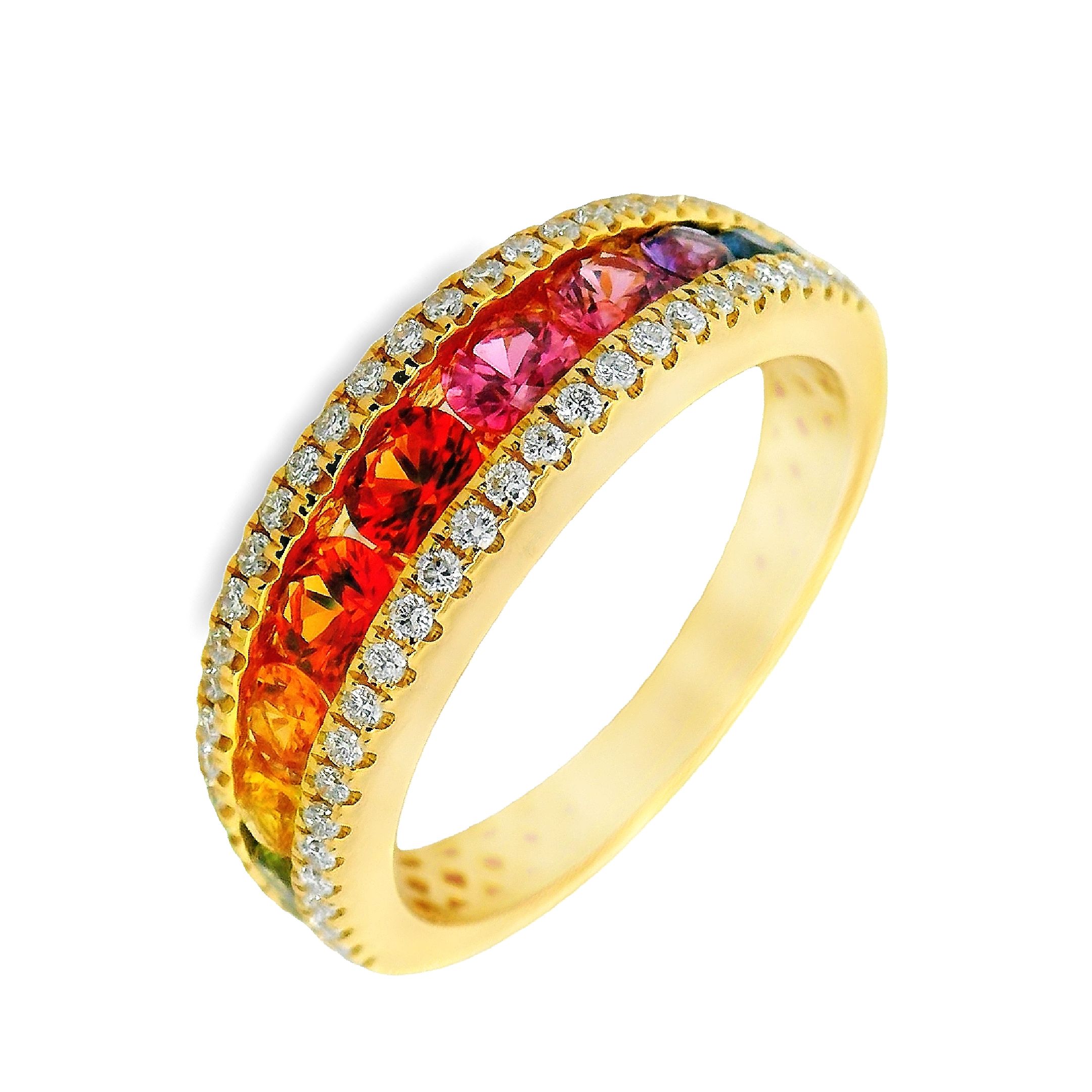 Deze ring van Louis Bros is vervaardigd uit 18 karaat geelgoud (4. 69gr.) en is gezet met 54 briljant geslepen diamanten met een totaalgewicht van 0.25ct en 11 saffier 1.08ct. De ring heeft een breedte van 5.5 mm, en een dikte van 3 mm. 
De combinatie van de tijdloze elegantie van diamant en de levendige pracht van regenboogkleuren saffier maakt deze ring tot een meesterwerk van vakmanschap en esthetiek. Het is niet alleen een sieraad, maar een symbool van liefde, vreugde en de oneindige schoonheid van het leven zelf. Met deze ring draag je niet alleen een stukje juwelen, maar ook een stukje van jezelf, stralend en schitterend, elke dag opnieuw.
De ring is verkrijgbaar in meerdere afmetingen.