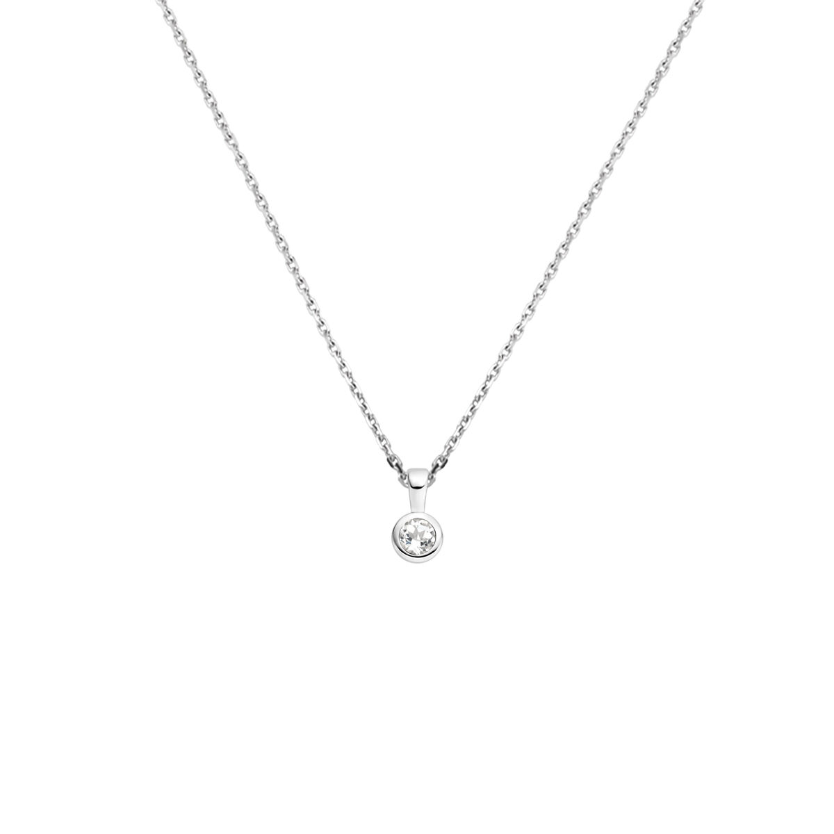 Gerhodineerd 925 zilveren collier met een geboortesteen hanger. Het collier heeft een draaglengte van 41cm en een extensie van 4cm. De schakelbreedte is 1.1mm. Uitgevoerd met een karabijn sluiting.