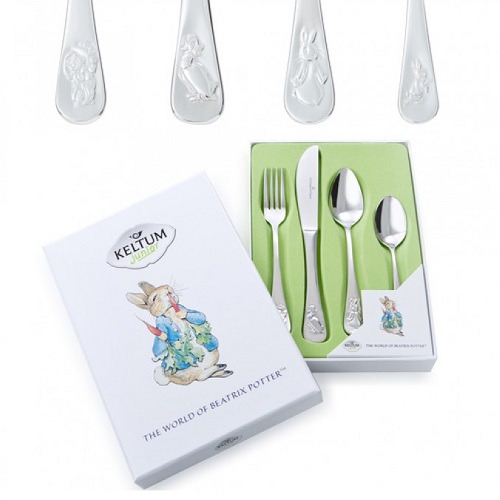 4-delig kinderbestek staal Peter Rabbit van Beatrix Potter. Naam graveren is gratis.