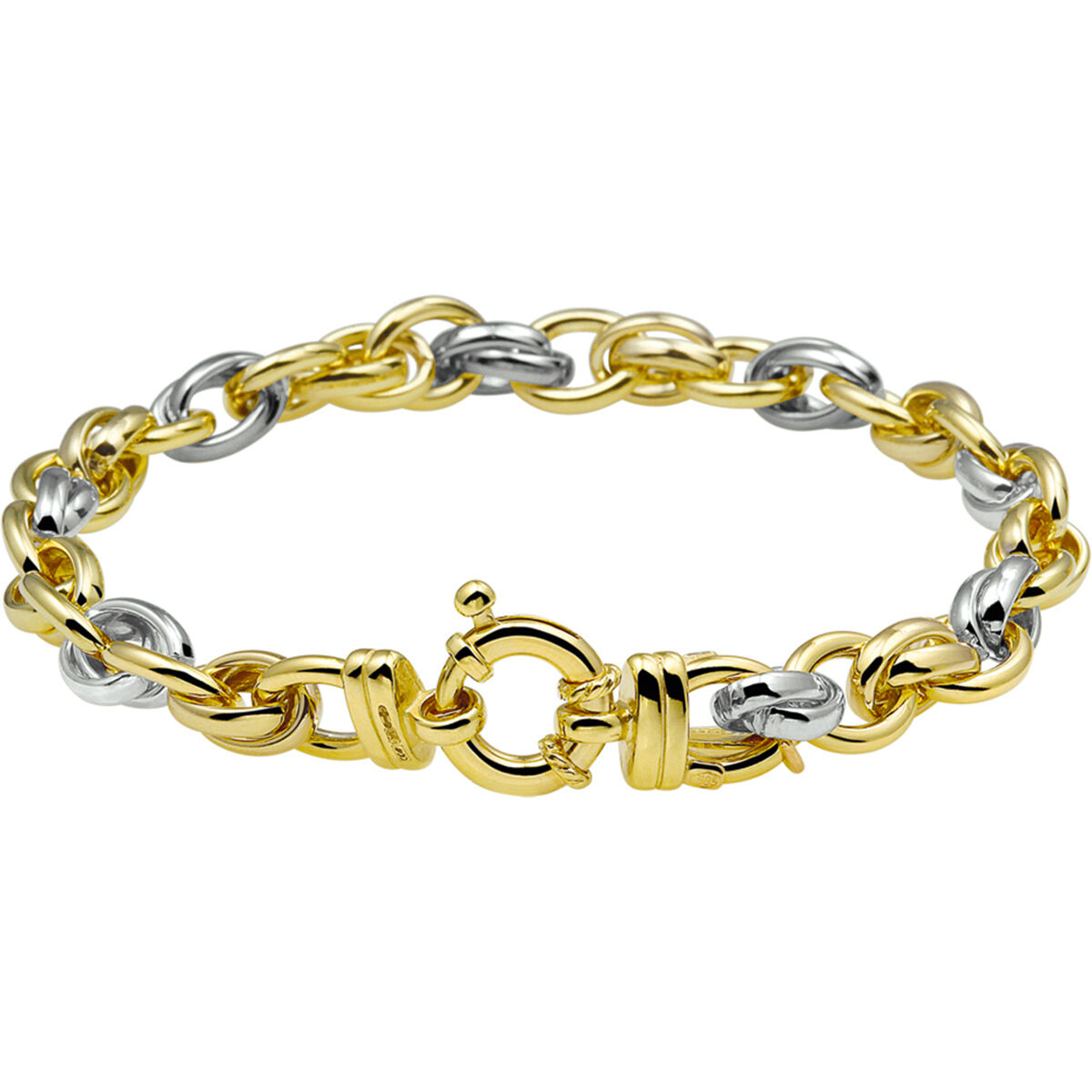ZilGold 14 karaat Bicolor wit-en geelgouden fantasie schakel armband 20 cm lang met groot springslot. Schakelbreedte 8.0 mm.