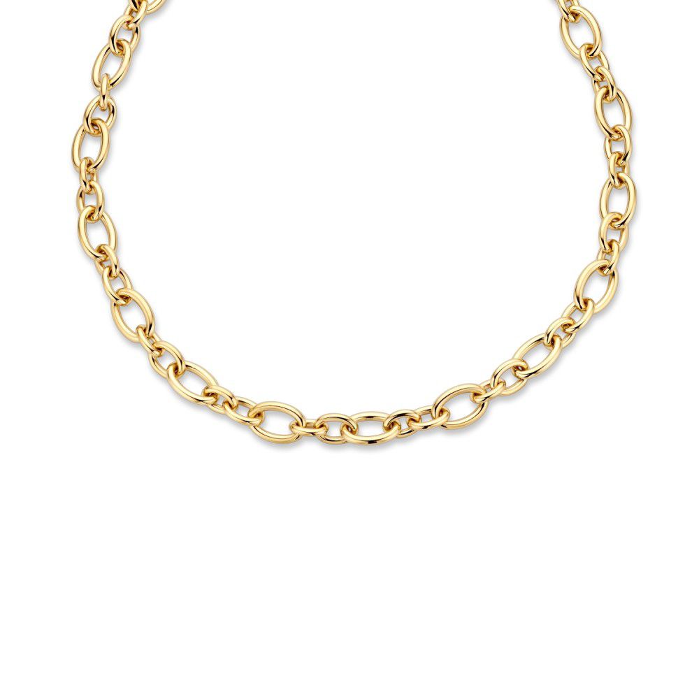 14 karaat geelgouden collier met open schakel en grote karabijnhaak sluiting. 45 cm lang.