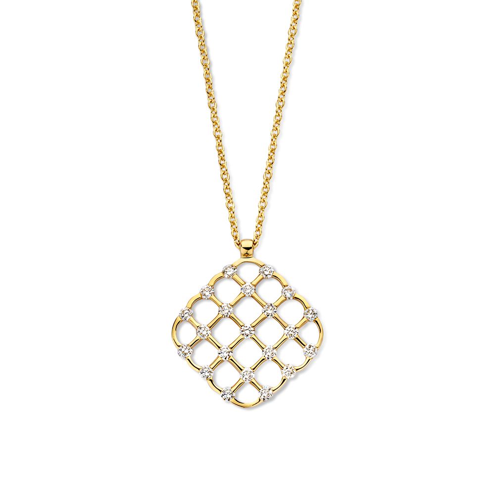 14 Karaat geel gouden met hanger in bijzonder design, gezet met 0.22 crt H/SI fonkelende diamanten. 