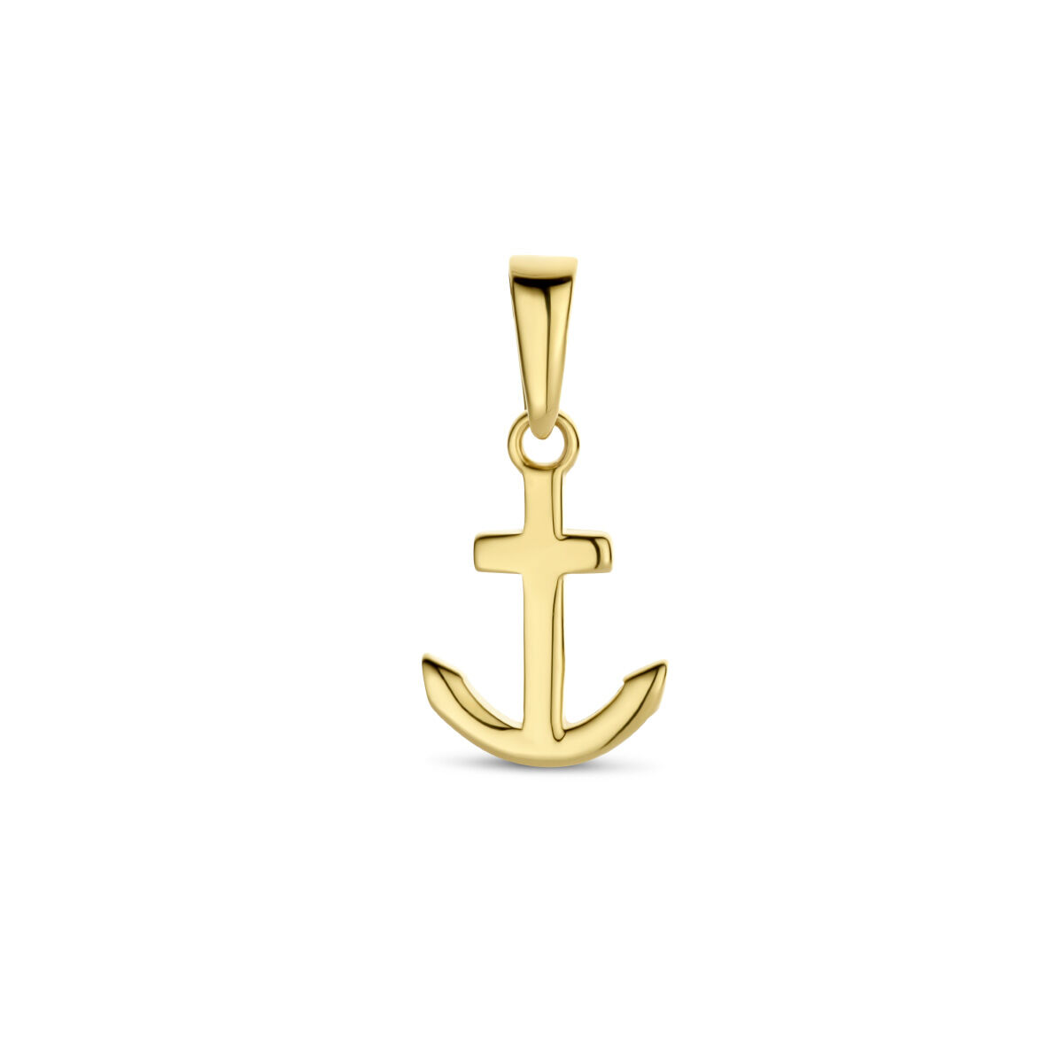14k Geelgouden hanger in de vorm van een anker. De hanger heeft een totale hoogte van 1.5cm.