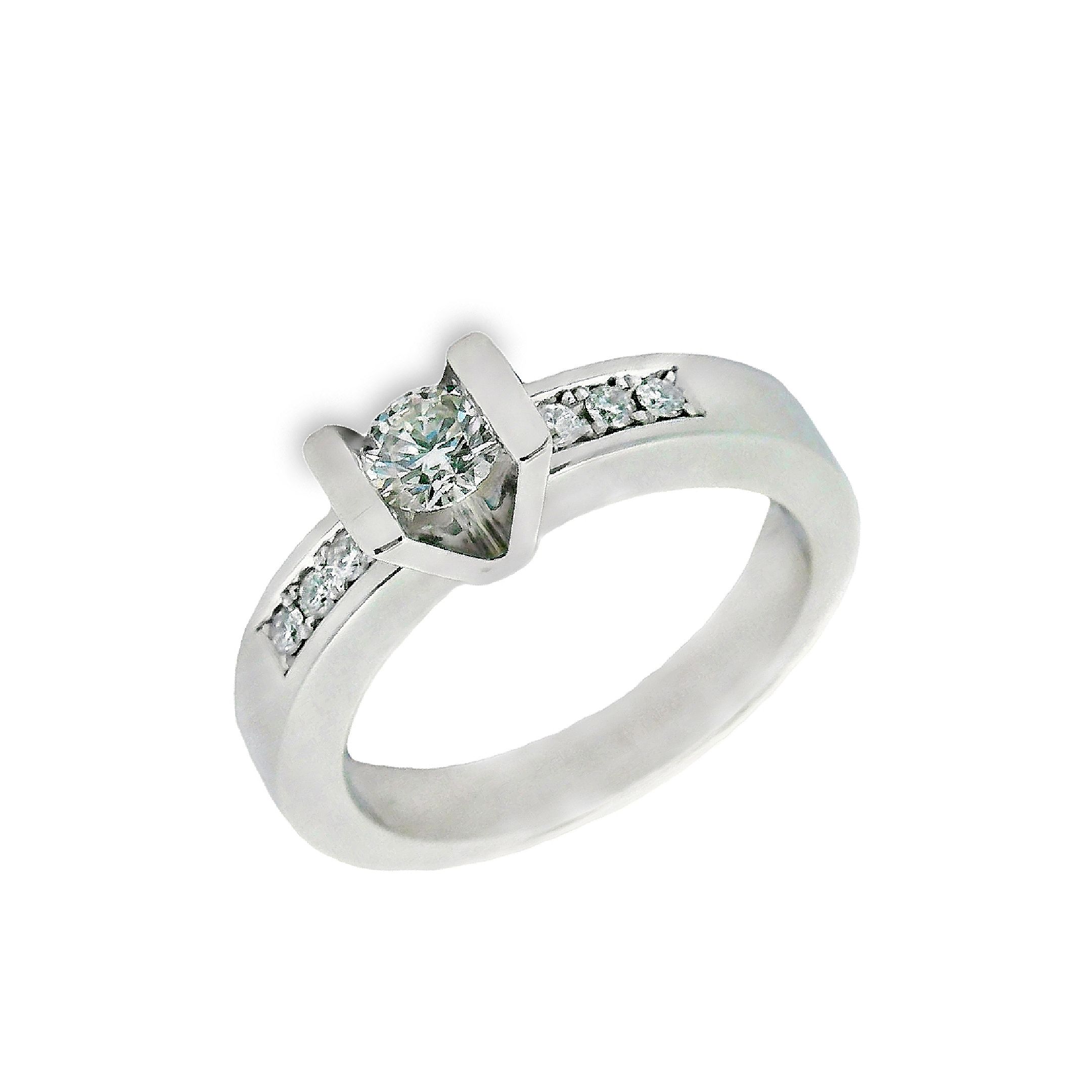 Deze ring van Louis Bros is vervaardigd uit 14 karaat witgoud (7.14 gr.) en is gezet met 7 briljant geslepen diamanten met een totaalgewicht van 0.40ct. De ring heeft een diameter van 5 mm, minimale breedte van 2 mm. en een hoogte van 6 mm. Deze ring heeft een modern en design-achtig ontwerp. Het witgoud geeft de ring een strakke en eigentijdse uitstraling, terwijl het steentje in het midden het middelpunt van de ring vormt. De steentjes aan de zij kanten voegen een extra touch van stijl en dynamiek toe. Met zijn moderne design is deze ring perfect voor diegenen die houden van een eigentijds en uniek sieraad. Het zal zeker de aandacht trekken en je vinger laten stralen! 
De ring is verkrijgbaar in meerdere afmetingen.