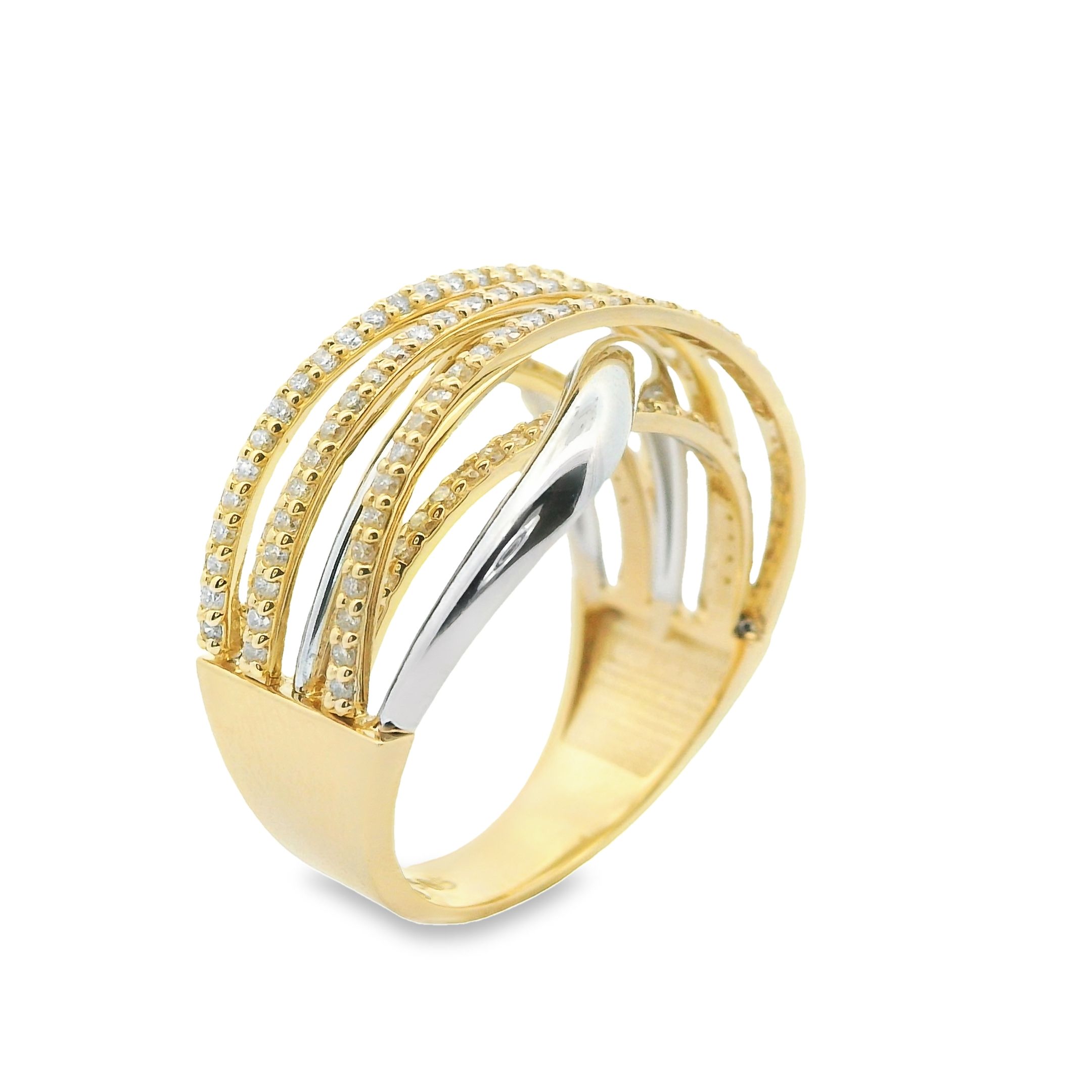 Deze exclusieve ring van Louis Bros is vervaardigd uit 14 karaat bicolor (6.27 gr.) en is gezet met 68 briljant geslepen diamanten met een totaalgewicht van 0.68 ct. De ring heeft een breedte van 12 mm en dikte van 4.5 mm. Met deze ring om je vinger ben jij het stralende middelpunt bij elke gelegenheid. Deze ring bestaat uit onze lijn van exclusieve modellen sieraden met prachtige designs en van hoge kwaliteit.
De ring is verkrijgbaar in meerdere afmetingen.