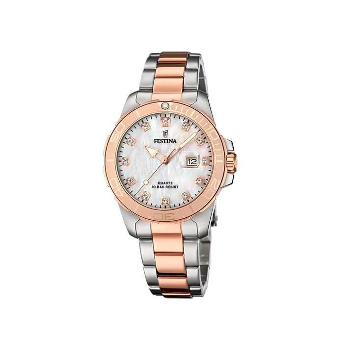 Festina - Quartz. Bicolour Staal/Rosé PVD. 100m WR. Mineraalglas. parelmoer wijzerplaat - F20505/1