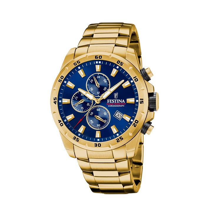 Dit horloge, model F20541/2, heeft een roestvrijstalen kast en een goudkleurige polsband. Het beschikt over een handige datumaanduiding en heeft een kastgrootte van 45 mm. Dit stijlvolle polshorloge is perfect voor zowel formele als casual gelegenheden. Draag het bij voorkeur aan de linkerpols voor maximaal comfort en functionaliteit.