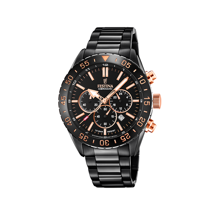 Festina - Ceramic, Chronograaf, Quartz, Zwart PVD, 100m WR, Saffierglas - F20577/1