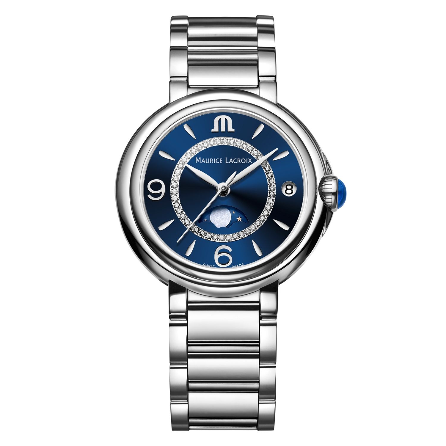  Dit Maurice Lacroix Fiaba dameshorloge is bekend onder Maurice Lacroix-referentienummer FA1084-SS002-420-1. Het horloge heeft een quartz-uurwerk dat geplaatst is in een edelstalen kast. Op de blauwe wijzerplaat is analoge tijdsweergave zichtbaar. Aan de kast zit een staal- of zilverkleurige stalen horlogeband met een vouwsluiting.

Het quartz-uurwerk biedt u datum-aanduiding, en weergave van de maanfase als tijdfunctie(s). De ronde horlogekast is 30m waterdicht en voorzien van een saffierglas.