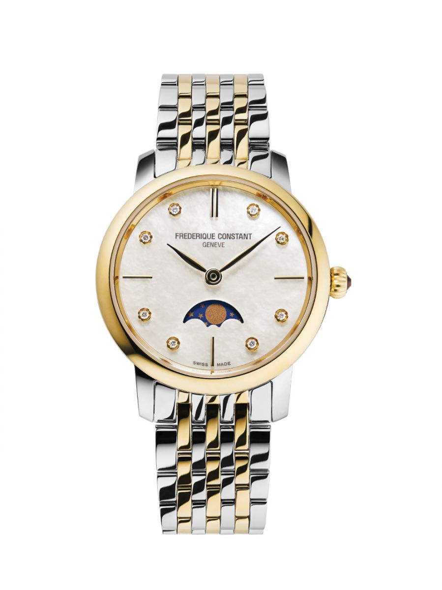 
Dit dameshorloge van Frederique Constant is onderdeel van de Slimline Moonphase collectie. De horloges in deze serie hebben een zeer elegant formaat en liggen prachtig vlak op de pols. Dit horloge is uitgevoerd met een vergulde stalen kast. Het model is voorzien van een elegante 'Mother-of-Pearl' wijzerplaat met daarop acht diamanten. Het horloge heeft verder een quartz uurwerk, saffier glas en edelstalen band met goudkleurige pvd-coating. De FC-206MPWD1S3B is dankzij haar klassieke, stijlvolle ontwerp, een plaatje om te zien
