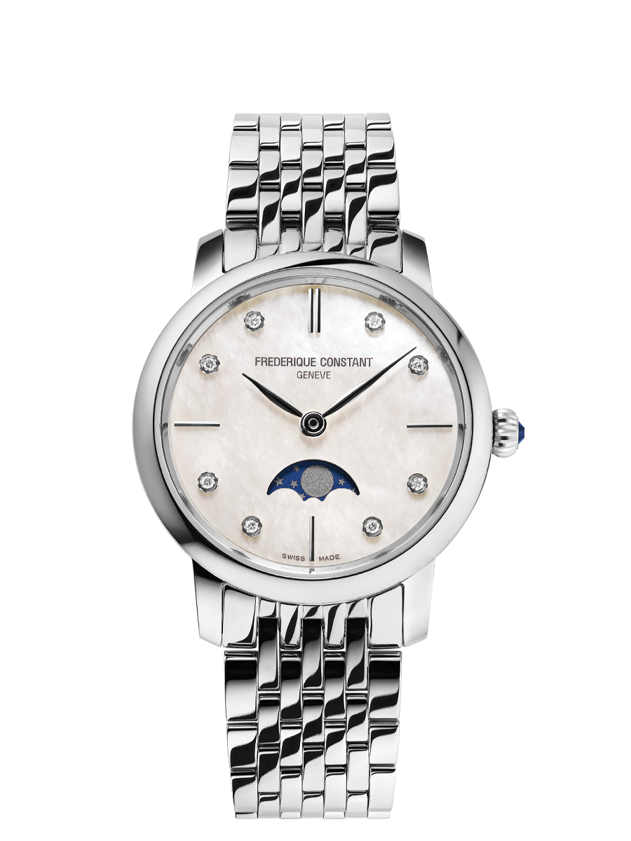  Dit Frederique Constant Slimline dameshorloge is bekend onder Frederique Constant-referentienummer FC-206MPWD1S6B. Het horloge heeft een quartz-uurwerk dat geplaatst is in een edelstalen kast. Op de witte parelmoeren wijzerplaat is analoge tijdsweergave zichtbaar. Aan de kast zit een staal- of zilverkleurige stalen horlogeband met een vouwsluiting.

Het quartz-uurwerk biedt u weergave van de maanfase als tijdfunctie(s). De ronde horlogekast is 30m waterdicht en voorzien van een saffierglas.