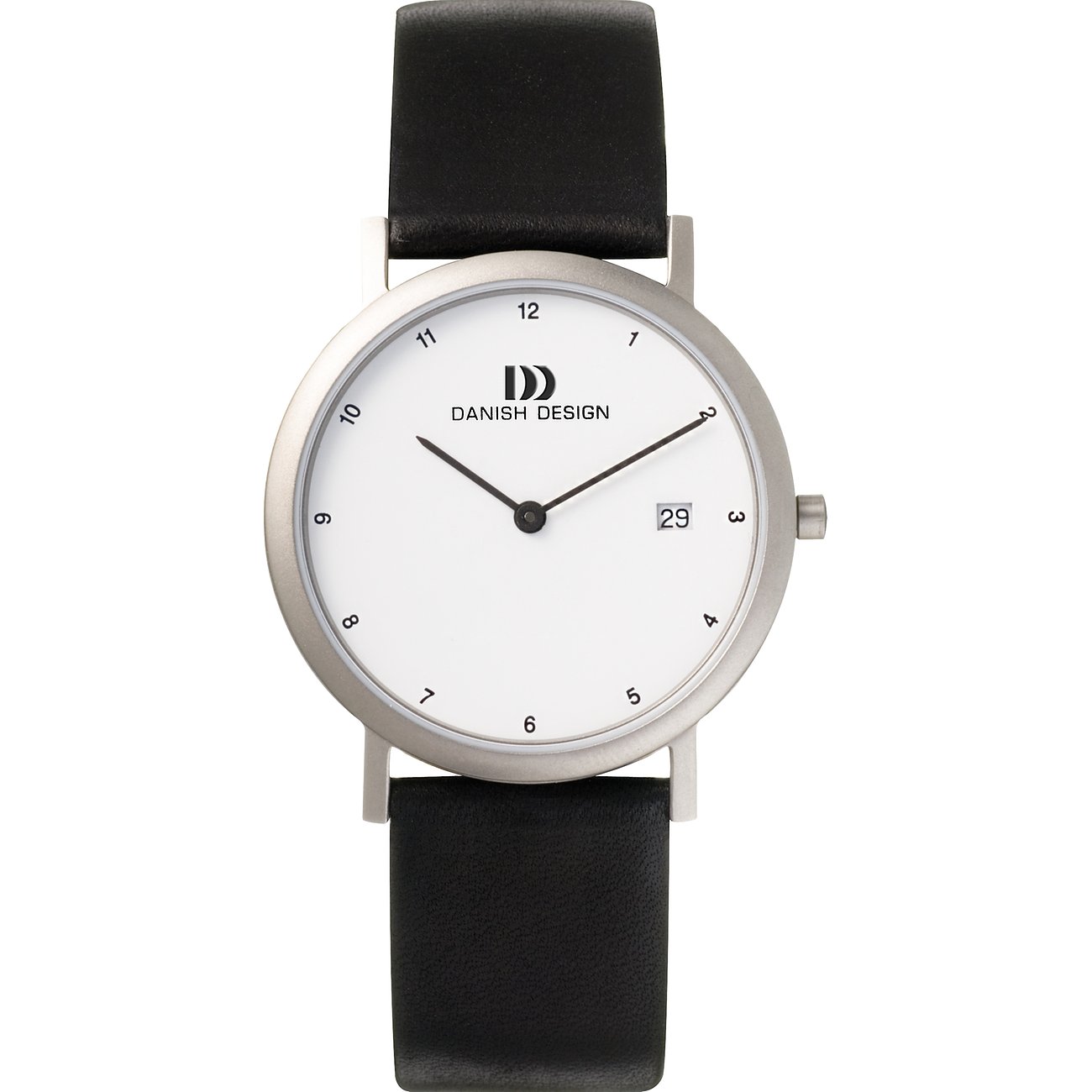 Danish Design unisexhorloge met titanium kast, zwarte leren band en datumaanduiing
