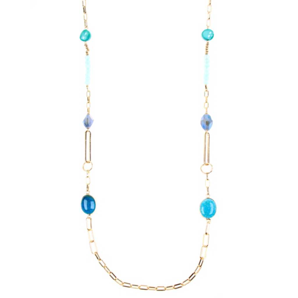Schakelketting met stenen kralen en kristallen kralen 8mm. Bovenste steen 1,5cm. Middelste en onderste steen 2cm. Grootste schakel 4cm . Sluiting met verlengstuk. Kleurcombinatie: goud-blauw. Lengte: 100cm