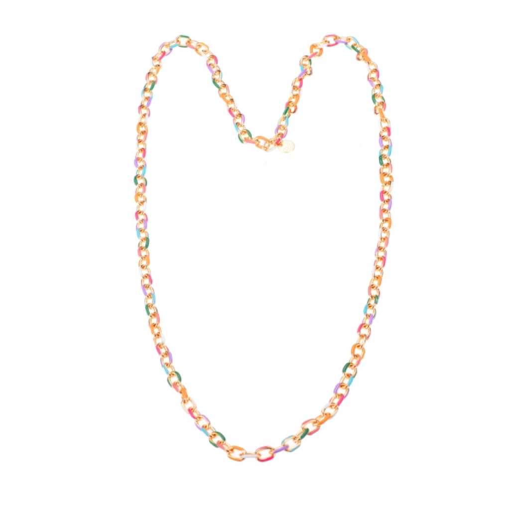 Ketting met emaille. Veelkleurig. Slotje met verlengstuk. Totale lengte 90cm.