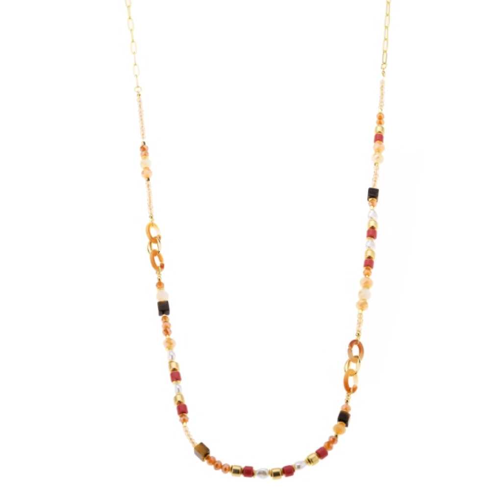 Gemengde kralen en ketting. Slotje met verlengstuk. Totale lengte 90cm.
