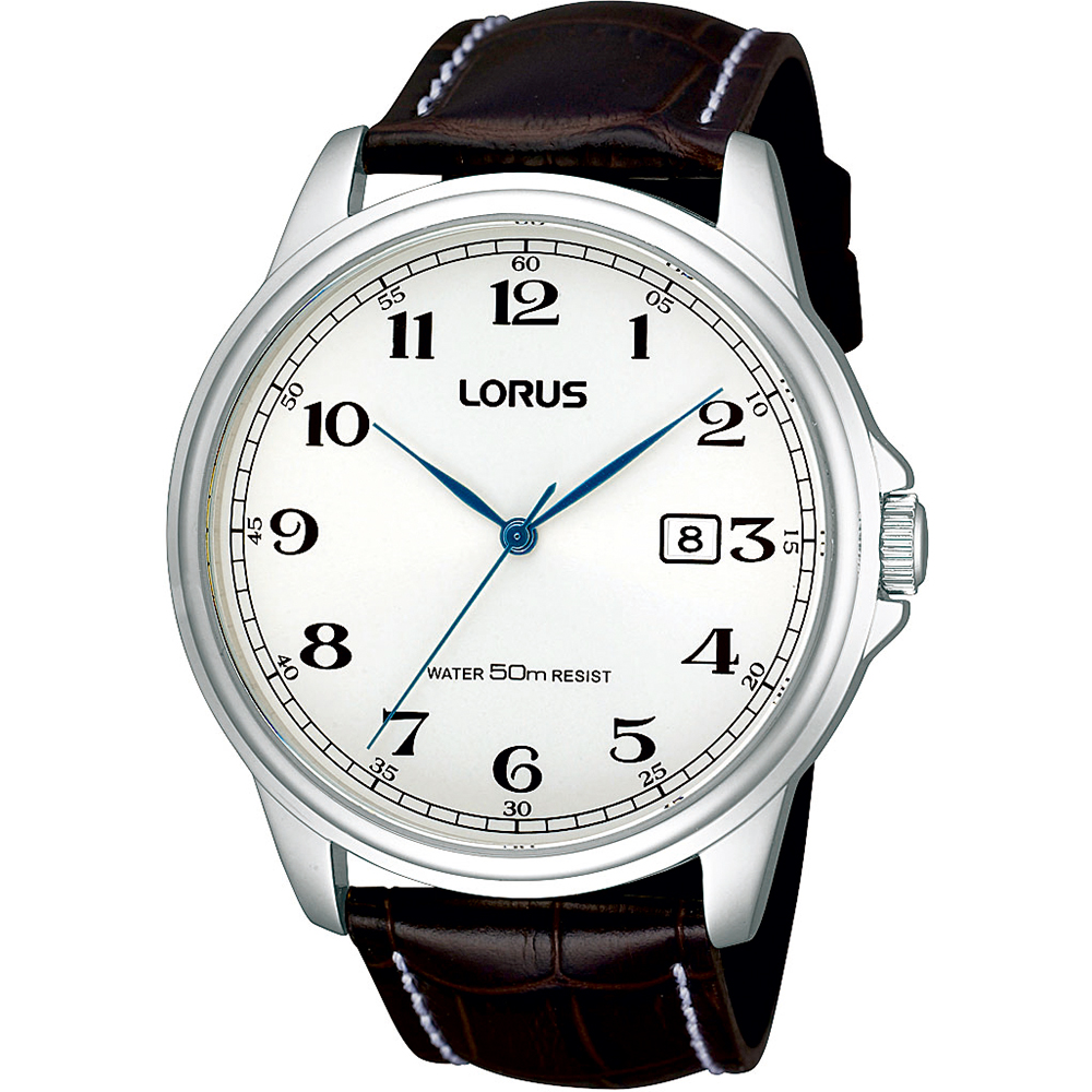 Lorus stalen herenhorloge met bruine lerenband en datumaanduiding