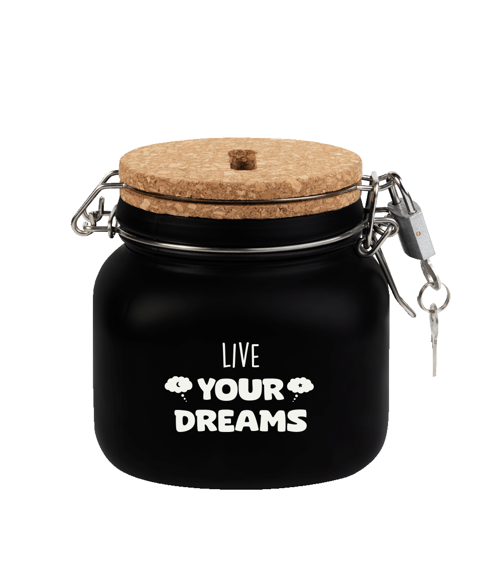 De luxe spaarpotten van Paper Dreams zijn perfecte cadeaus voor bijvoorbeeld Vaderdag, Moederdag of bijvoorbeeld een verjaardag. Deze luxe spaarpot - live your dreams is gemaakt van glas, is zwart van kleur