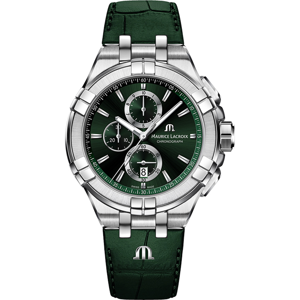 Dit Maurice Lacroix Aikon Maurice Lacroix | Aikon Quartz herenhorloge is bekend onder Maurice Lacroix-referentienummer AI1018-SS001-630-5. Het horloge heeft een quartz-uurwerk dat geplaatst is in een edelstalen kast. Op de Groene wijzerplaat is analoge tijdsweergave zichtbaar. Aan de kast zit een groene lederen horlogeband met een vouwsluiting.

Het quartz-uurwerk biedt u datum-aanduiding als tijdfunctie(s). Daarnaast vindt u in het uurwerk een stopwatch-functie (chronograaf). De ronde horlogekast is 100m waterdicht en voorzien van een saffierglas.
