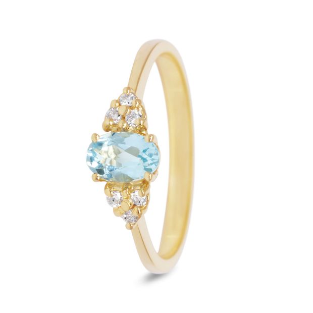 Prachtige geelgouden ring van het Nederlandse merk Miss Spring. De ring is gemaakt van 14kt geelgoud, waardoor de kleur behouden blijft. Daarnaast heeft de ring in het midden een ovale Topaas die geflankeerd wordt door 6 briljant geslepen diamanten (totaal gewicht van 0.09ct). De maat van de ring is 53, maar kan in andere maten besteld worden. Voor meer informatie neem dan gerust contact met ons op!