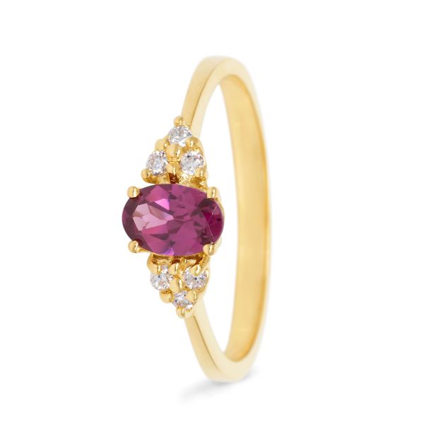 Prachtige geelgouden ring van het Nederlandse merk Miss Spring. De ring is gemaakt van 14kt geelgoud, waardoor de kleur behouden blijft. Daarnaast heeft de ring in het midden een ovale Rhodoliet die geflankeerd wordt door 6 briljant geslepen diamanten (totaal gewicht van 0.09ct). De maat van de ring is 53, maar kan in andere maten besteld worden. Voor meer informatie neem dan gerust contact met ons op!