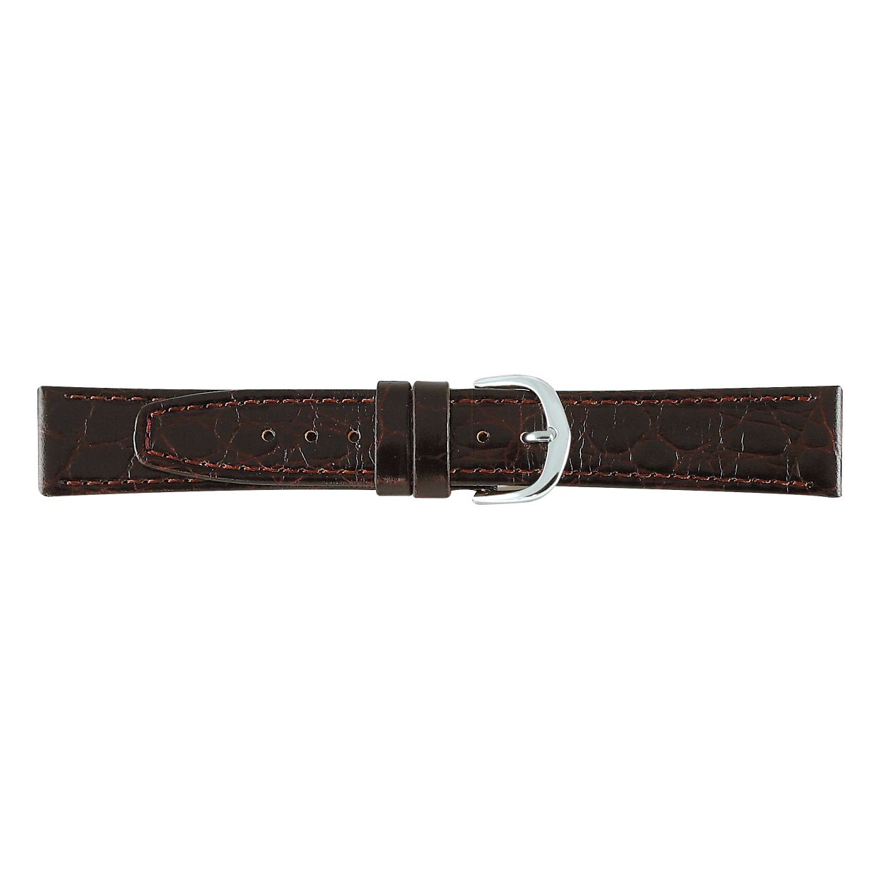 Echt leren band in een donkerbruine kleur. Met contrasterend stikselDe band word standaard geleverd met een zilverkleurige gesp. Wilt u deze bestellen met een goudkleurige gesp, dan kunt u dat opgeven bij opmerkingen aan het eind van het bestelproces.