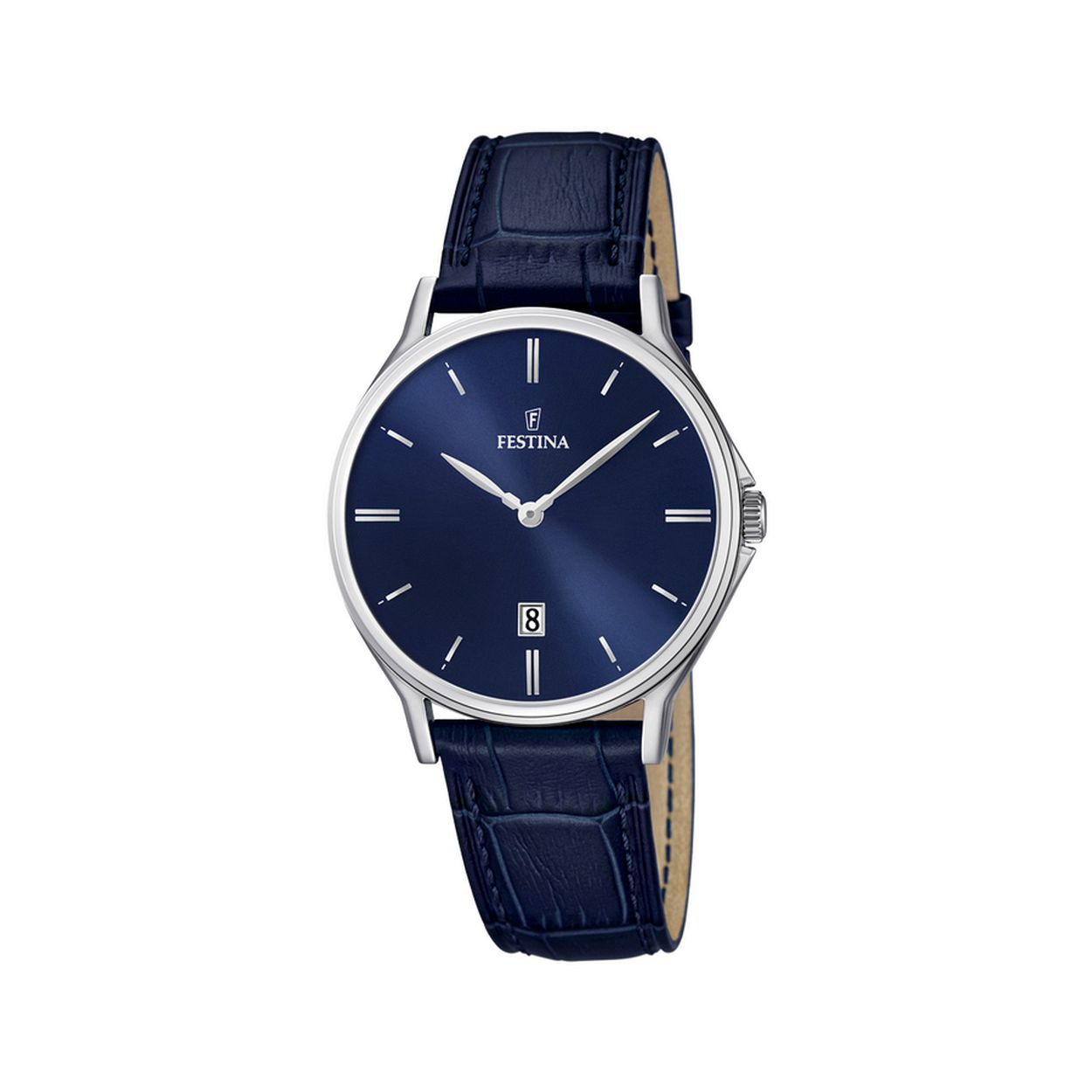 Festina herenuurwerk
Collectie: Classics
Blauwe lederen band
Zilverkleurige stalen kast
Blauwe wijzerplaat met datumaanduiding