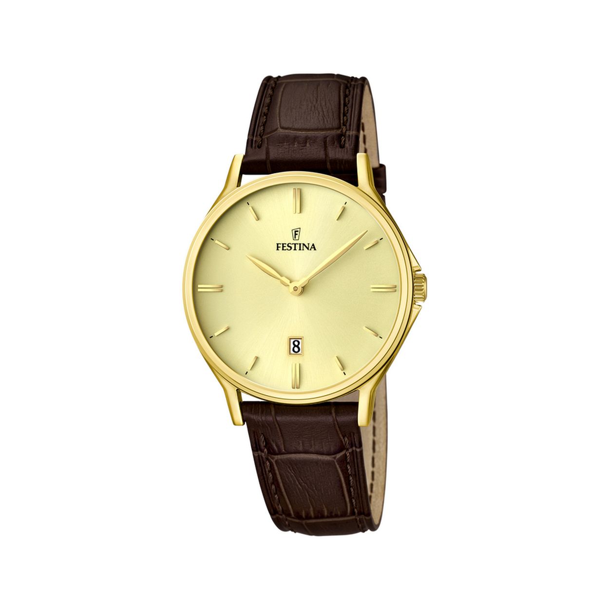 Festina herenuurwerk
Collectie: Classics
Bruin lederen band
Goudkleurige stalen kast
Goudkleurige wijzerplaat met datumaanduiding
Waterdichtheid: 5 ATM
