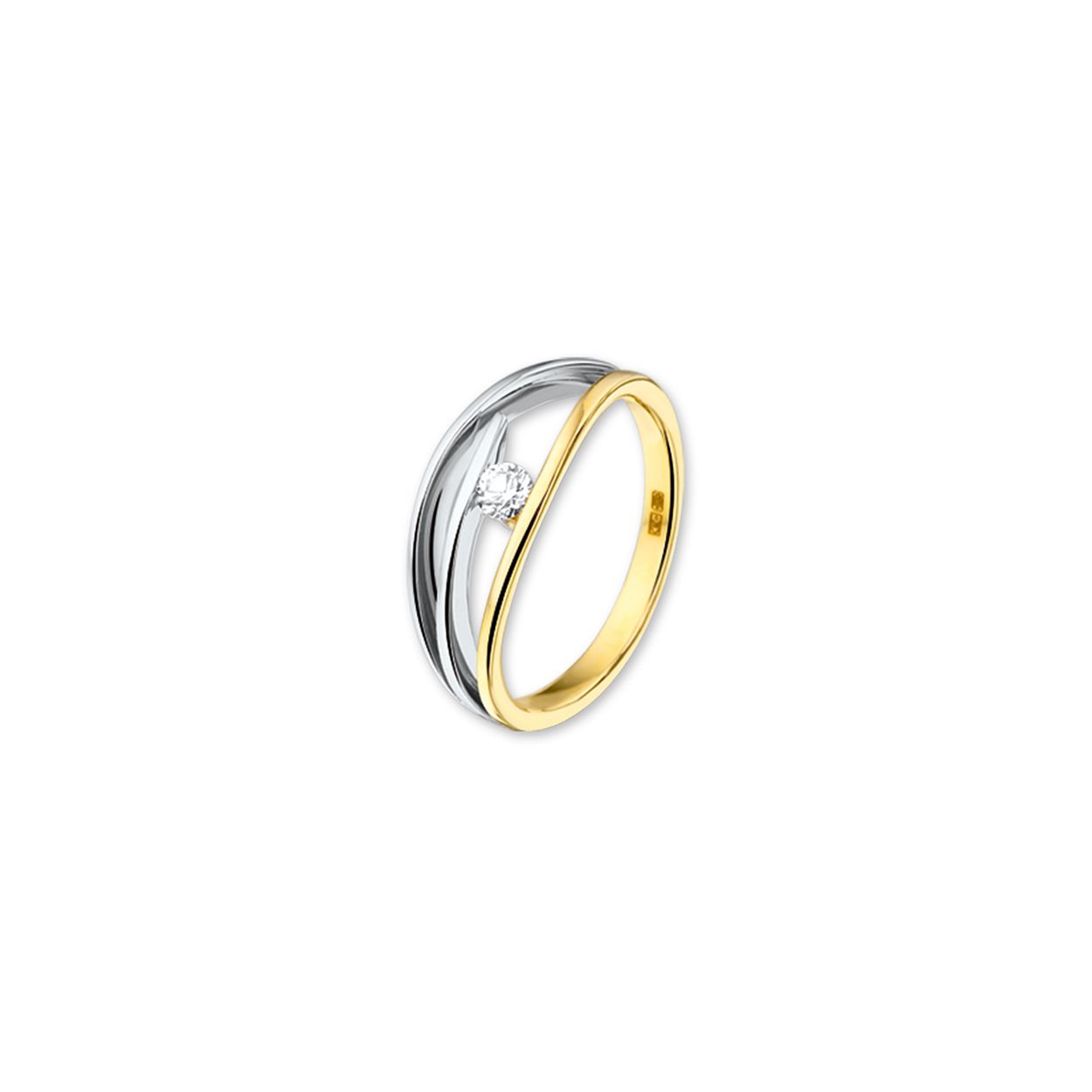Beschrijving: Bicolor wit- en geelgouden ring met zirkonia. 
Uniekenummer serie: 26656
Verpakt per: 1
Doelgroep: dames
Ringmaat: 17.00 mm (53)
Breedte: 8 mm
Zetting: solitaire (span zetting)