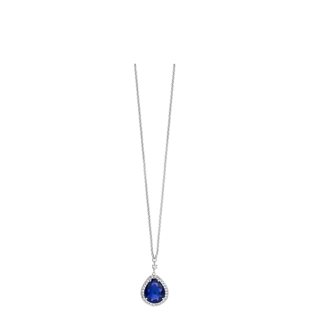 collier in 18kt goud met zirconium steentjes en grote zirconium blauwe steen