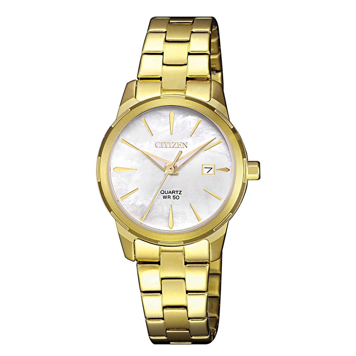 Dit quartz horloge van het merk Citizen is een prachtig horloge. Het horloge heeft een kast gemaakt van staal en een goudkleurige band gemaakt van staal.