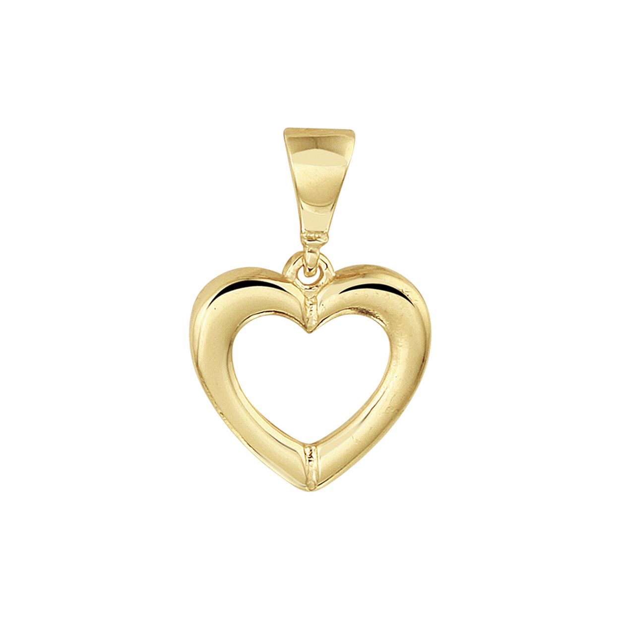 14k Geelgouden hanger in de vorm van een hart. De hanger heeft een totale hoogte van 1.7cm en een breedte van 10.5mm.