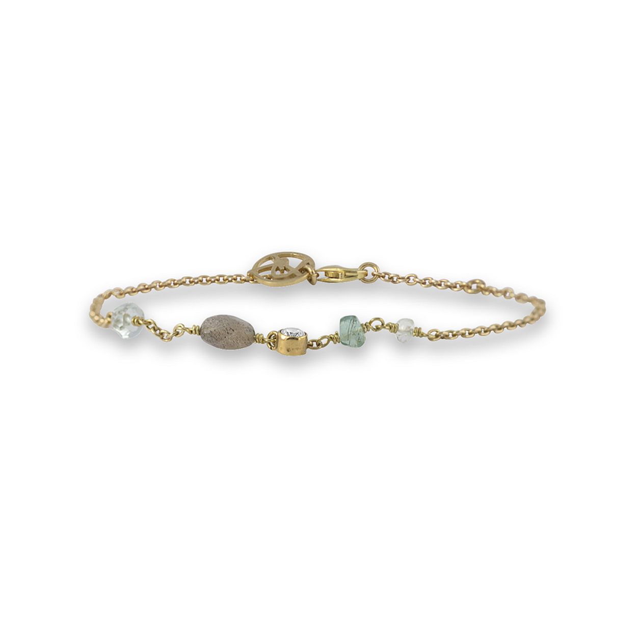 Verfijnde vergulde zilveren armband, subtiel afgewerkt met labradoriet, fluoriet en aquamarijn. De edelstenen zorgen voor een speels en elegant effect, waarbij de natuurlijke insluitsels en kleurvariaties elke armband uniek maken.

Dankzij de verstelbare lengte van 17 - 19 cm past hij altijd perfect om de pols. Een tijdloos sieraad dat zich moeiteloos laat combineren!