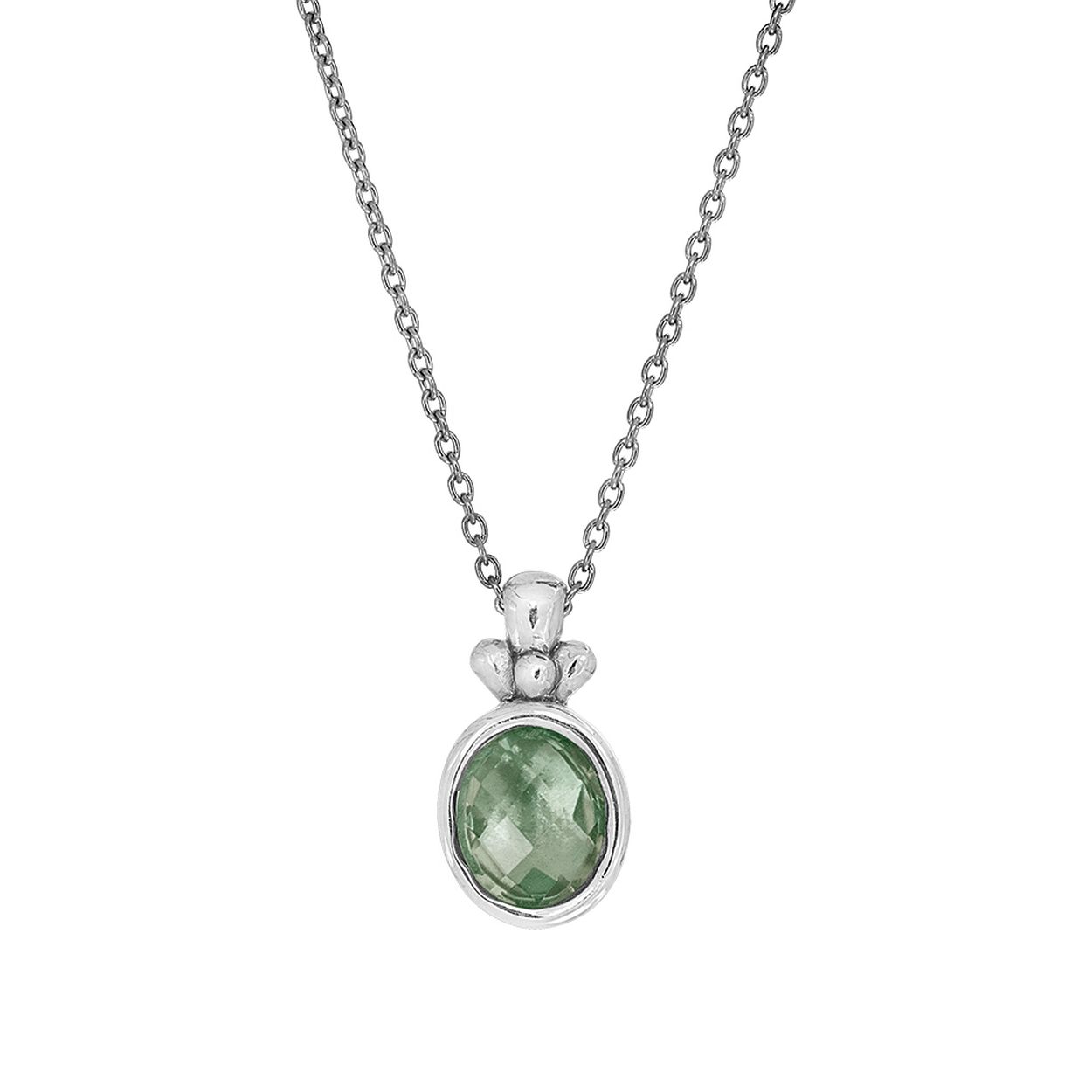 Deze sterling zilveren ketting heeft een mooie hanger met een 10 x 8 mm groene kwarts. De Ketting kan op 42 en 45 cm gedragen worden.