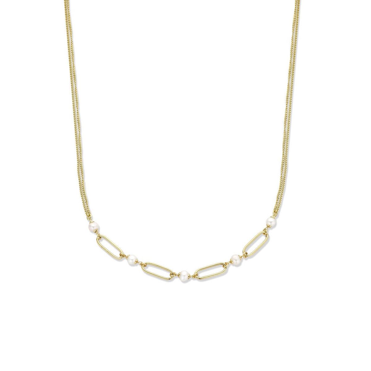 Geelgoud op 925 zilveren collier met zoetwaterparels. Het collier heeft een draaglengte van 41cm en een extensie van 4cm. Uitgevoerd met een karabijn sluiting. Geen garantie op plating.