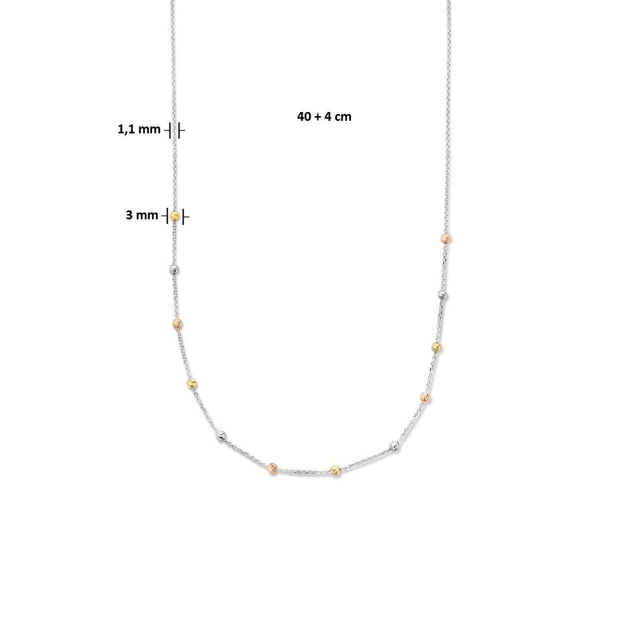 Tricolor 925 zilveren collier uitgevoerd met gediamanteerde bolletjes. Het collier heeft een draaglengte van 40cm met een extensie van 4cm. Geen garantie op plating.