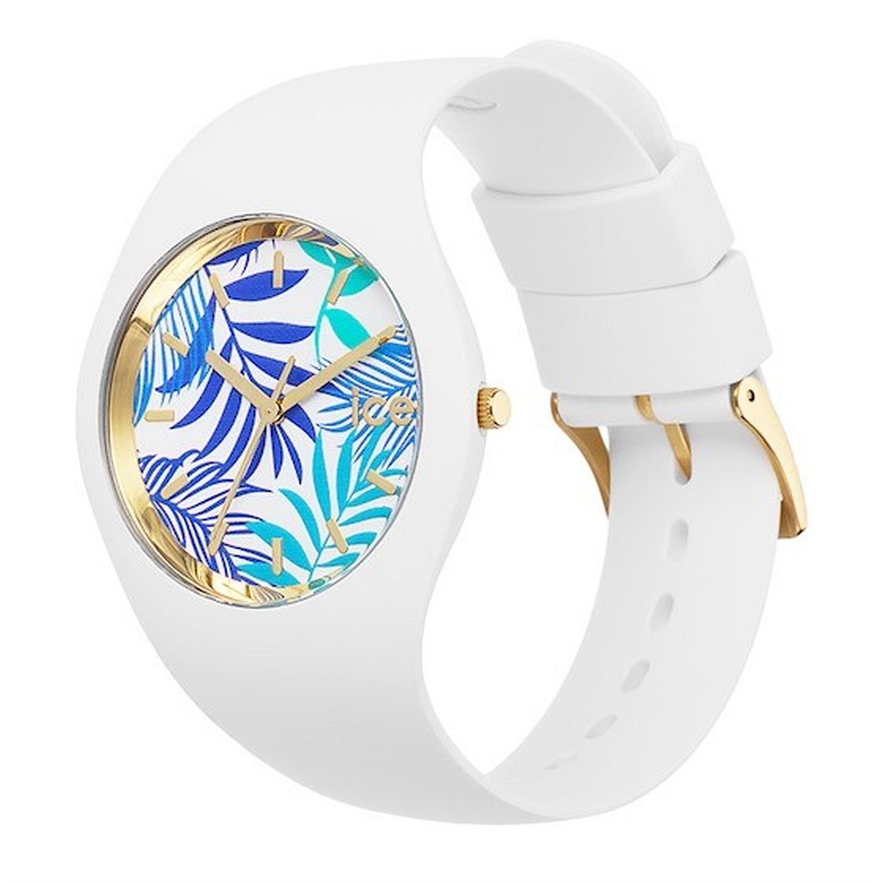 Ice-Watch ICE flower IW020517 40mm
Dit unieke horloge van Ice-Watch uit de ICE flower serie Turquoise leaves met nummer IW020517 heeft een gladde witte doorlopende siliconen band met goudkleurige gesp die het uurwerk omringt. Op de witte wijzerplaat is een afbeelding van blauwgroene bladeren te zien en de uursaanduiding is dmv goudkleurige strepen en wijzers. Het horloge heeft een doorsnee van 40mm een mineraalglas en is 10 ATM.

Het Merk:
Ice-Watch is een Belgisch merk van polshorloges. Al sinds 2007 ontwerpt en produceert Ice-Watch de meest opvallende collecties in kleurrijke en stoere modellen voor jong en oud. Het motto van het merk is "Change. You can." De horloges van Ice-Watch zijn vrolijk opvallend en met een knipoog. De kleuren en bijzondere wijzerplaten spatten haast van de horloges af waardoor deze altijd een bijzondere indruk achterlaten.

Specificaties:
- Ronde kastvorm
- Quartz uurwerk
- 10 ATM (Regen- & spatwaterdicht)
- Kleur horlogeband: Wit
- Siliconenband
- Mineraalglas
- � 40mm

