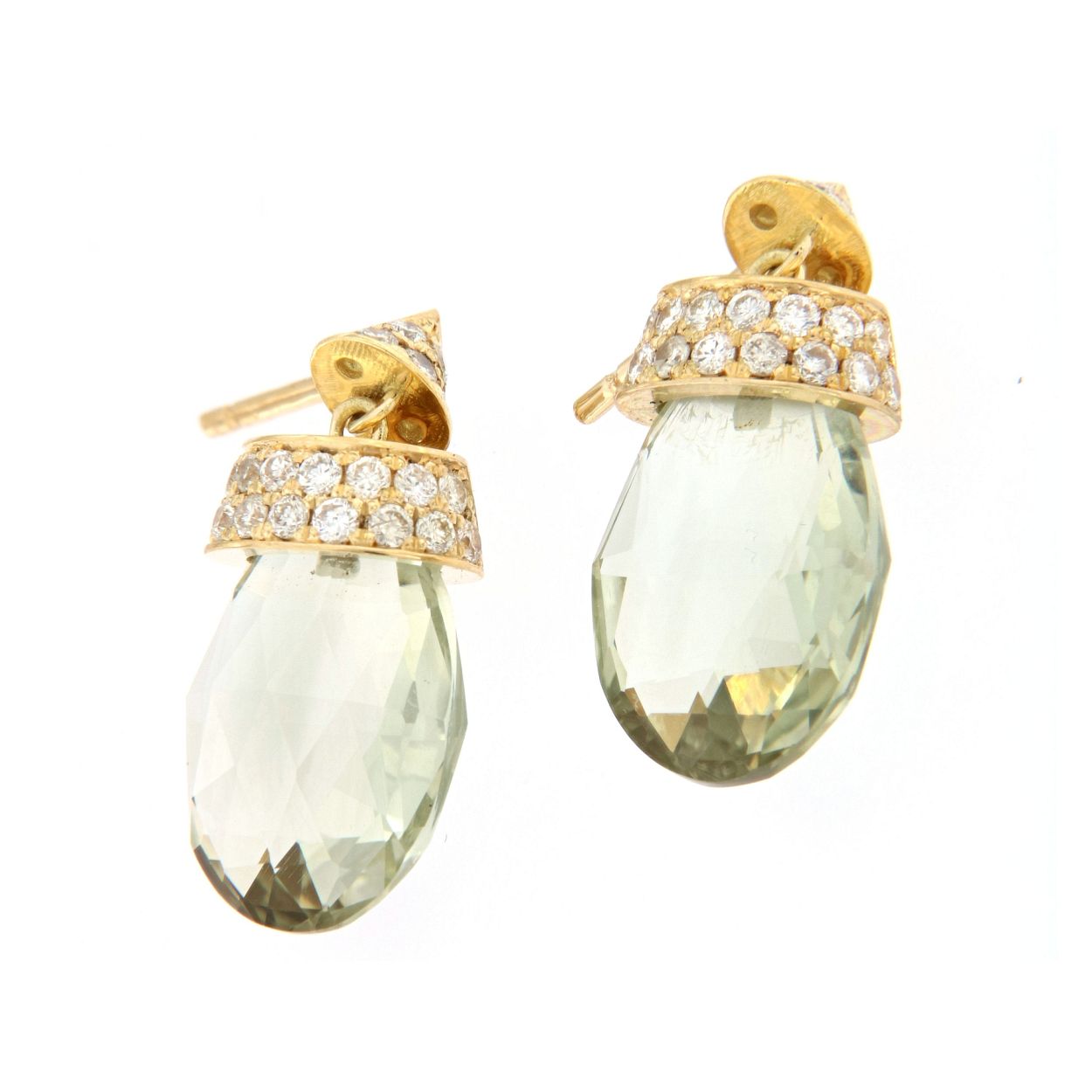 oorbellen in 18kt geel goud met briljant 0.66ct en prasiolith 10ct