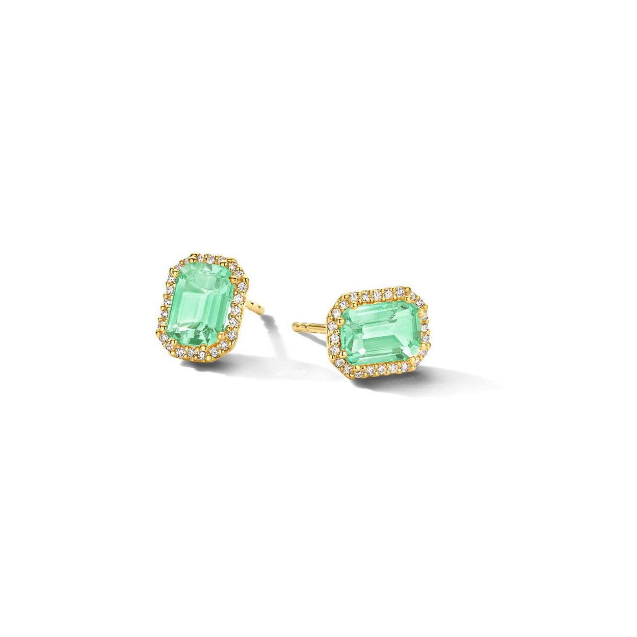 14k Geelgouden oorknoppen uitgevoerd met schitterende groen amethyst en diamanten. De groen amethyst stenen hebben een totaal steengewicht van 2.50ct (2x 1.25ct).