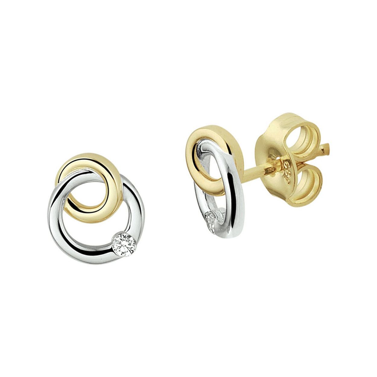 14k Bicolor geel- en witgouden oorknoppen uitgevoerd met een schitterende diamant. De oorknoppen hebben een afmeting van 8x7mm.
