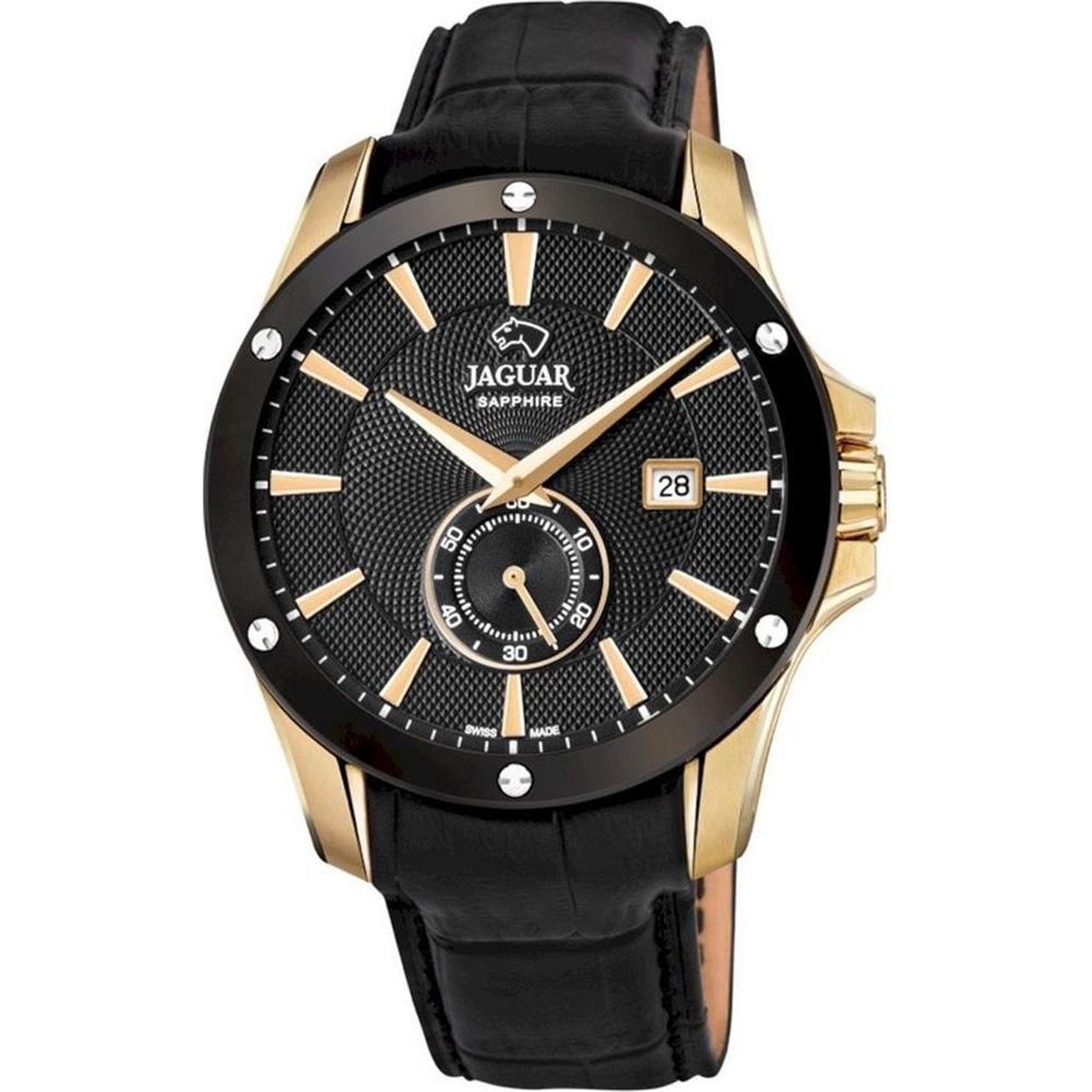 J881/1Heren Zwitsers JAGUAR horloge, uit de ACAMAR collectie.

Het model J881/1, in de kleur zwart, met een zwarte wijzerplaat en gouden indexen, biedt perfecte leesbaarheid dankzij het saffierglas.
De keuze voor een saffierglas zorgt voor een uitzonderlijke zichtbaarheid van het horloge en geeft het een enorme krasbestendigheid. Vanwege zijn eigenschappen is saffierglas uitzonderlijk hard. Alleen diamant biedt een grotere hardheid dan dit materiaal en is het materiaal bij uitstek voor stukken die de tand des tijds doorstaan ​​en tegelijkertijd hun schoonheid en goede aanwezigheid behouden. Bovendien is het kristal op dit horloge voorzien van een antireflectiebehandeling, waardoor het optreden van onaangename reflecties die het correct aflezen van de wijzerplaat onder bepaalde lichtomstandigheden belemmeren, aanzienlijk wordt voorkomen.
