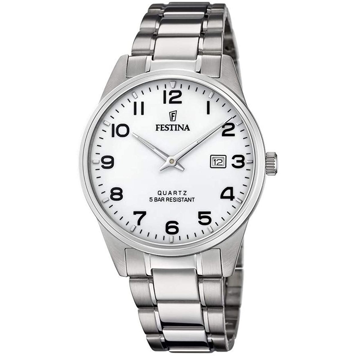 Festina herenuurwerk uit de 'Classics' collectie - Zilverkleurige stalen band en kast - Witte wijzerplaat met datumaanduiding en duidelijk leesbare cijfers - Waterdichtheid: 5 ATM